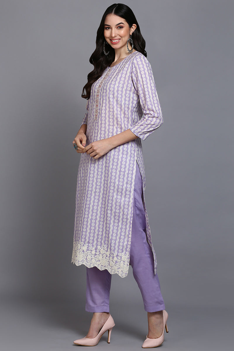 Rayon Blend Lavender Printed Straight Kurta Pant With Dupatta VKSKD1910