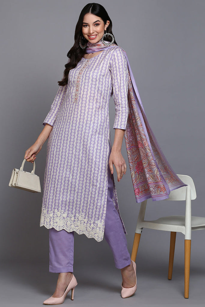 Rayon Blend Lavender Printed Straight Kurta Pant With Dupatta VKSKD1910