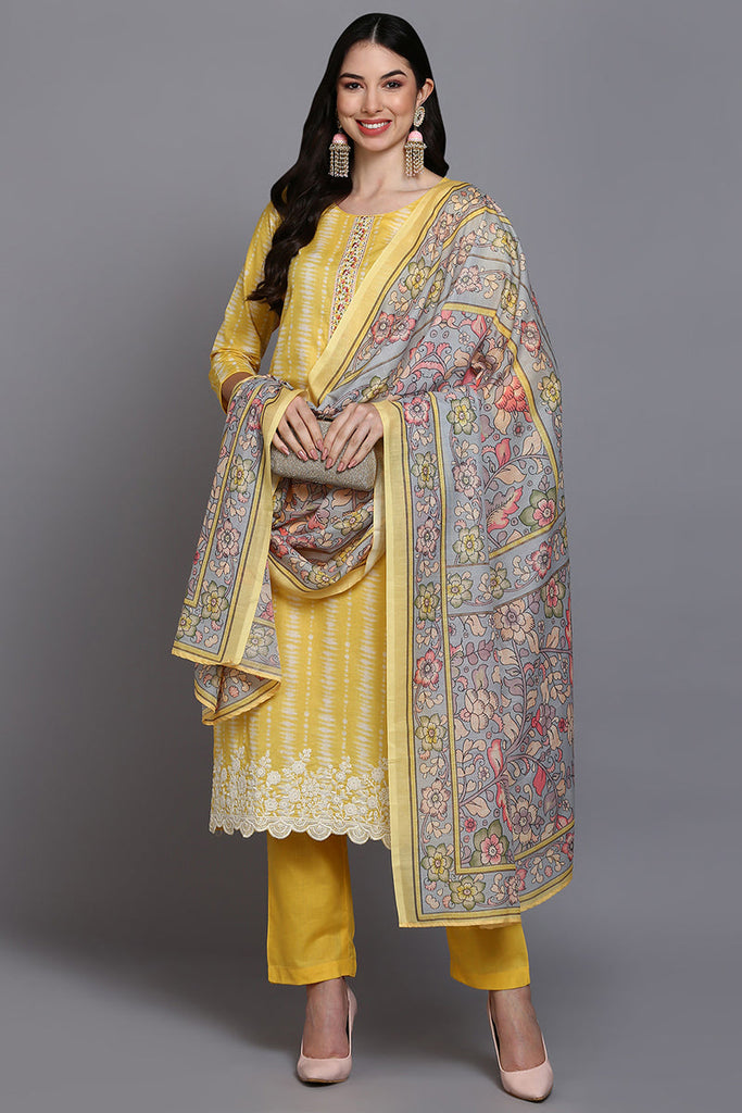 Rayon Blend Yellow Printed Straight Kurta Pant With Dupatta VKSKD1911