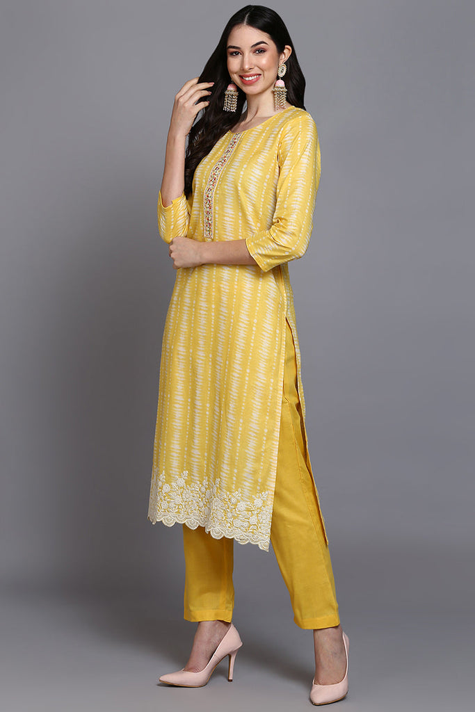 Rayon Blend Yellow Printed Straight Kurta Pant With Dupatta VKSKD1911