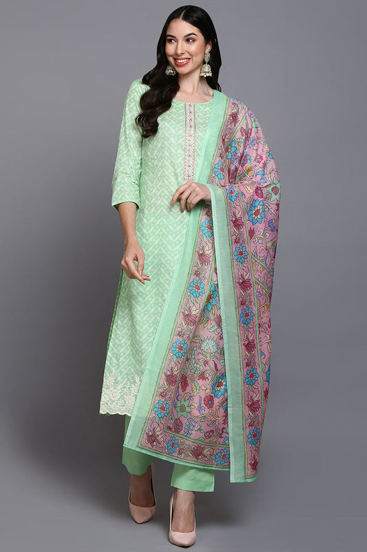 Cotton Green Printed Straight Kurta Pant With Dupatta VKSKD1912