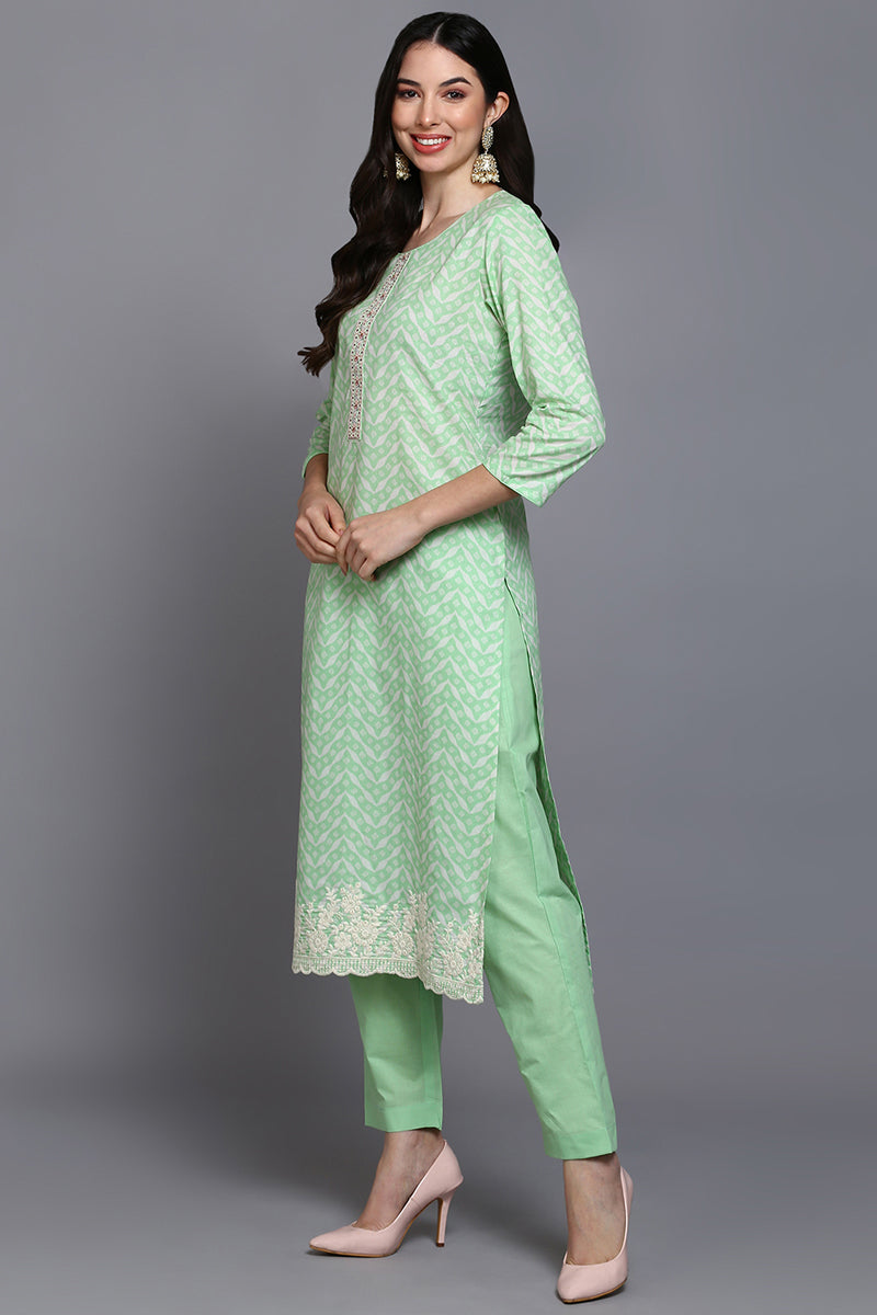 Cotton Green Printed Straight Kurta Pant With Dupatta VKSKD1912