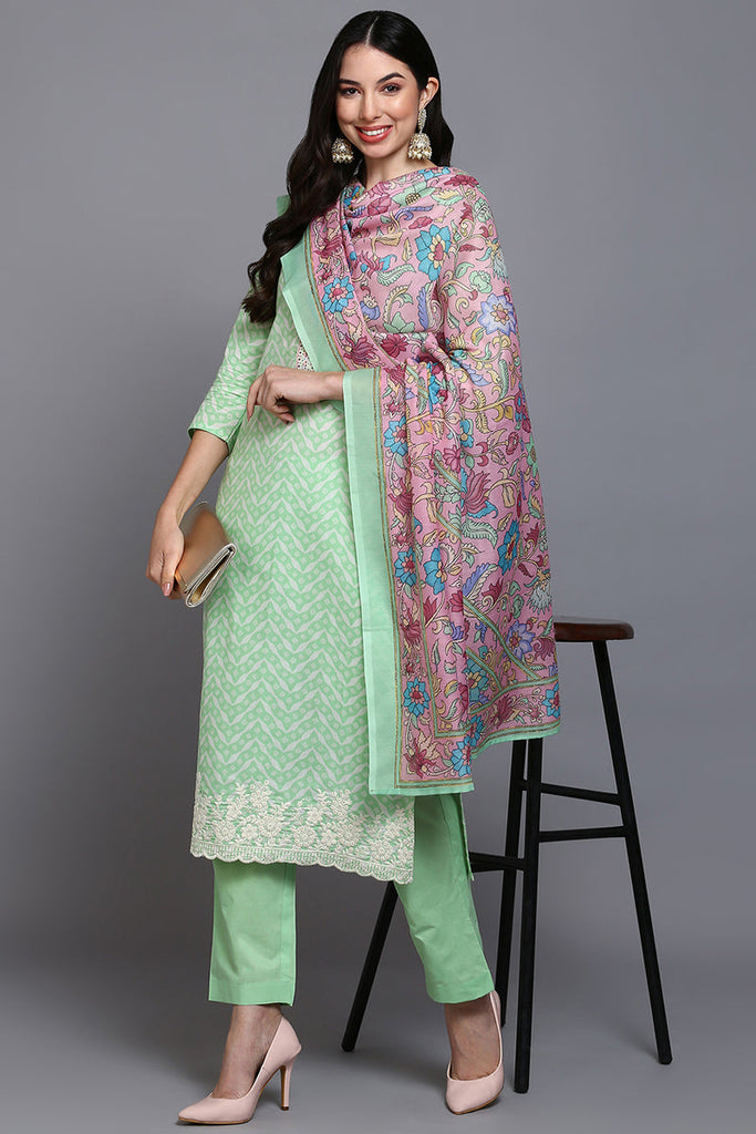 Cotton Green Printed Straight Kurta Pant With Dupatta VKSKD1912