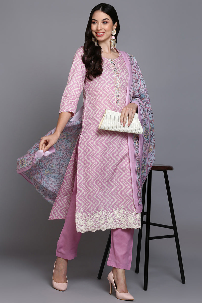 Pink Rayon Blend Printed Suit Set VKSKD1913