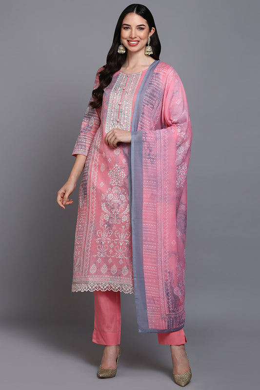 Cotton Peach Printed Straight Kurta Pant With Dupatta VKSKD1914