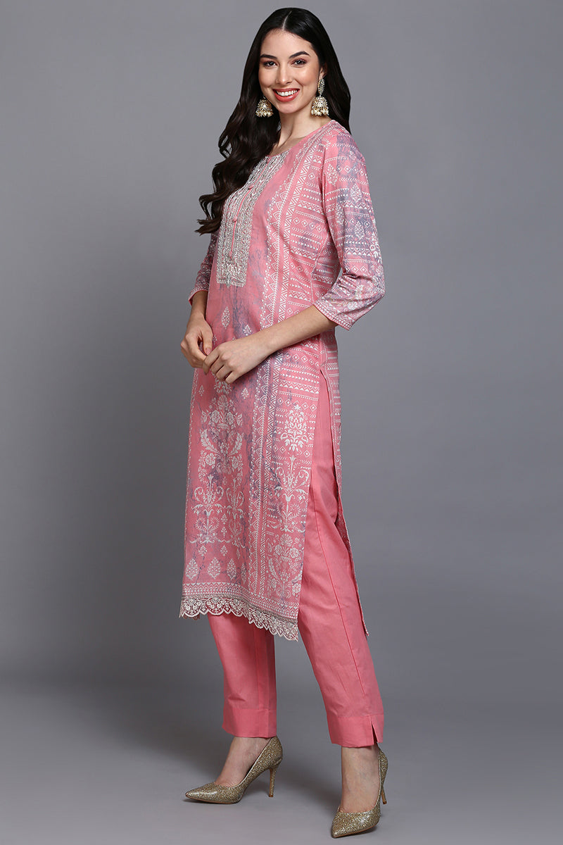 Cotton Peach Printed Straight Kurta Pant With Dupatta VKSKD1914