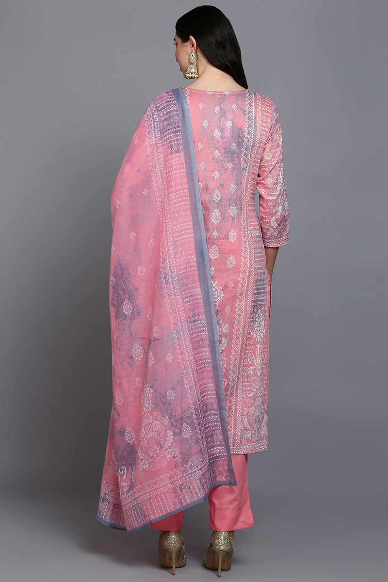 Cotton Peach Printed Straight Kurta Pant With Dupatta VKSKD1914