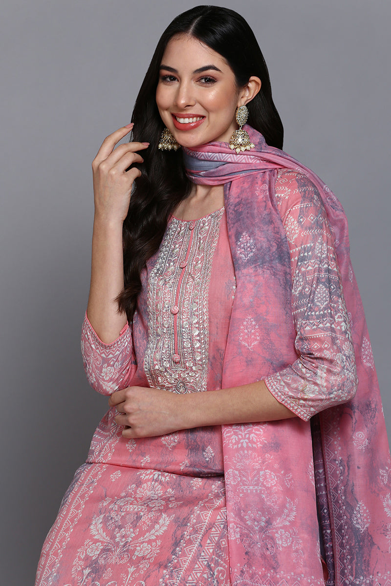 Cotton Peach Printed Straight Kurta Pant With Dupatta VKSKD1914