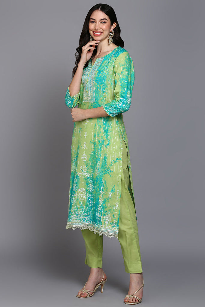 Cotton Green Printed Straight Kurta Pant With Dupatta VKSKD1915