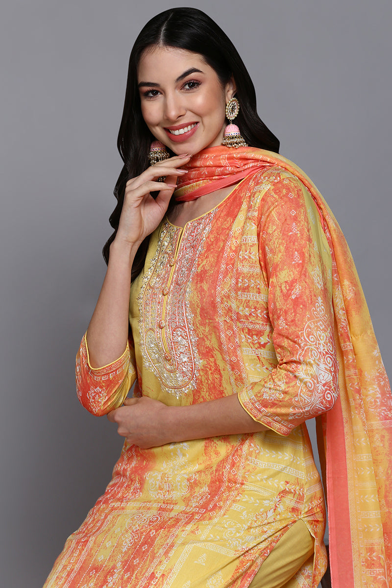 Cotton Yellow Printed Straight Kurta Pant With Dupatta VKSKD1916