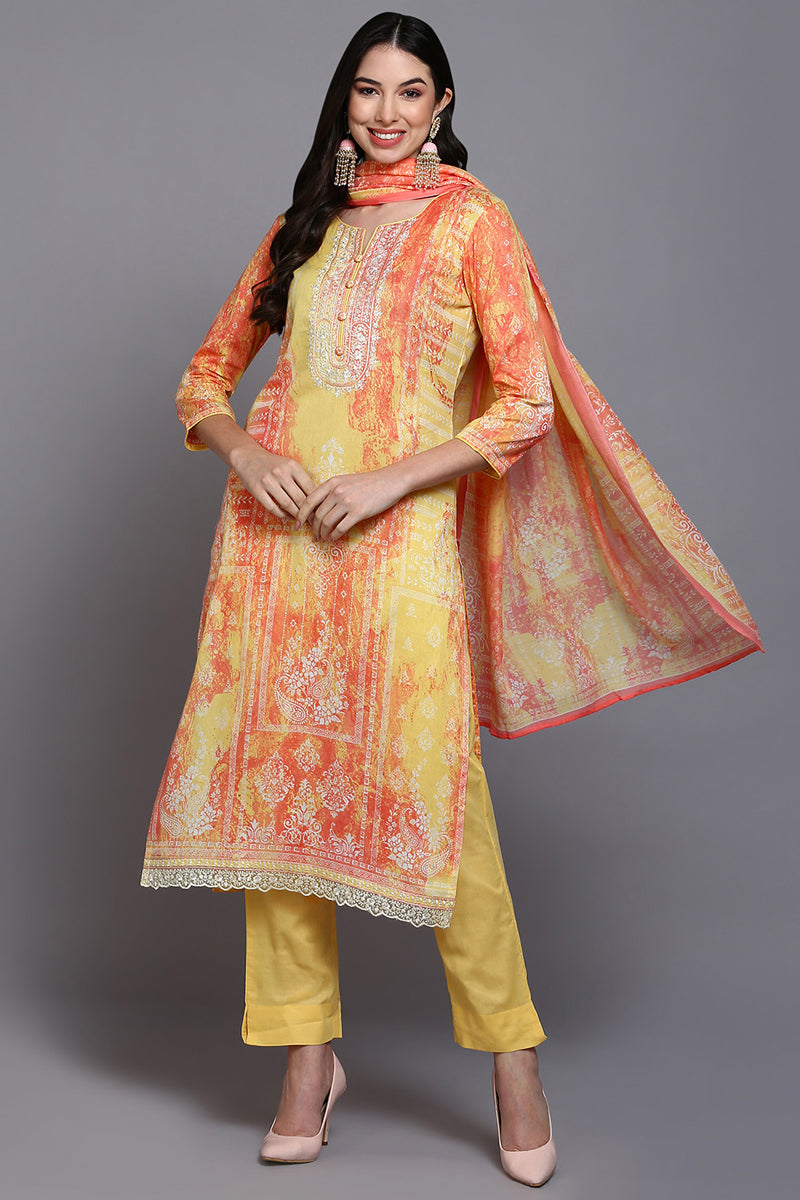 Cotton Yellow Printed Straight Kurta Pant With Dupatta VKSKD1916