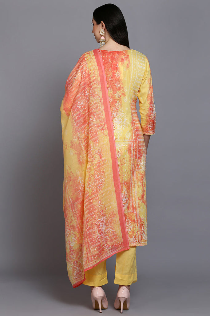 Cotton Yellow Printed Straight Kurta Pant With Dupatta VKSKD1916