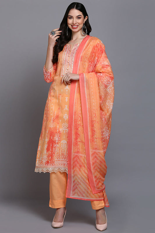 Cotton Orange Printed Straight Kurta Pant With Dupatta VKSKD1917