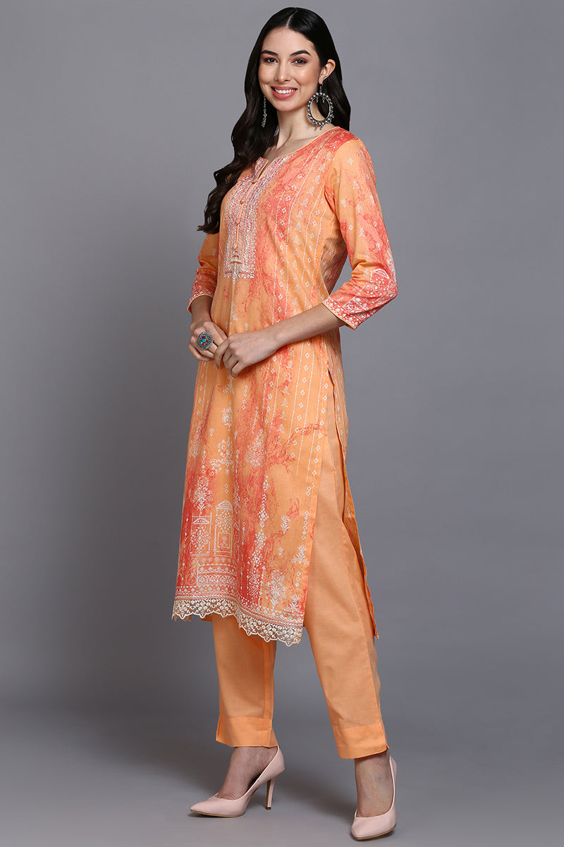 Cotton Orange Printed Straight Kurta Pant With Dupatta VKSKD1917