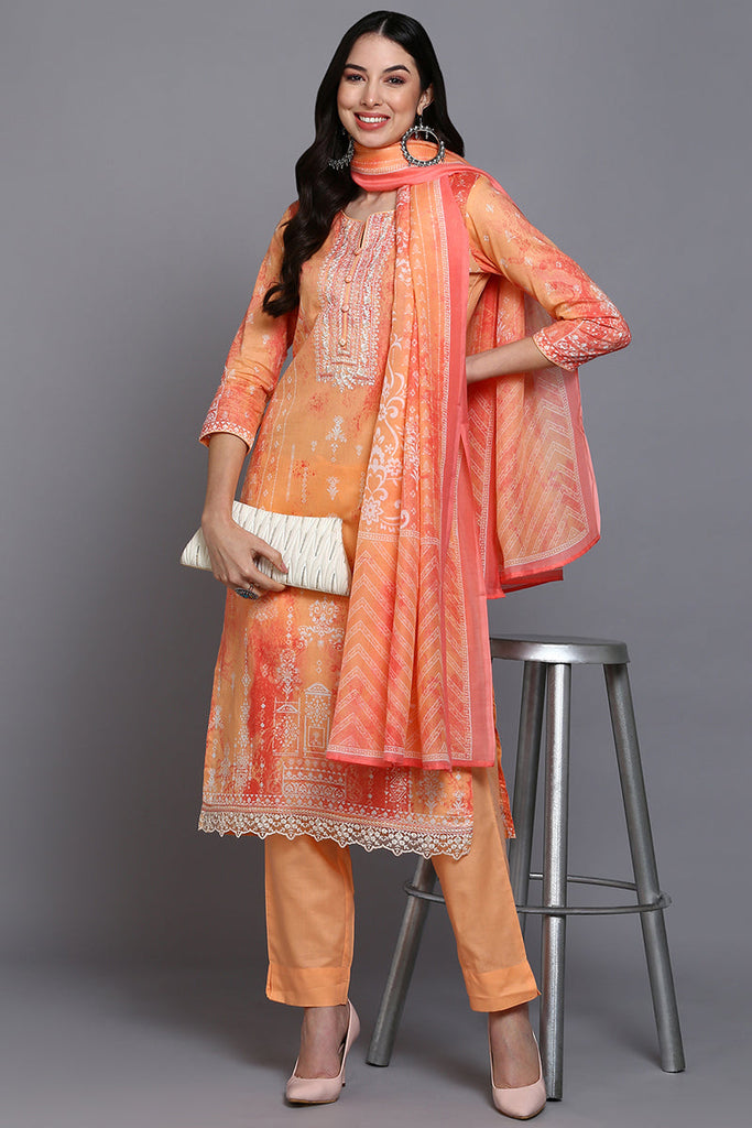 Cotton Orange Printed Straight Kurta Pant With Dupatta VKSKD1917