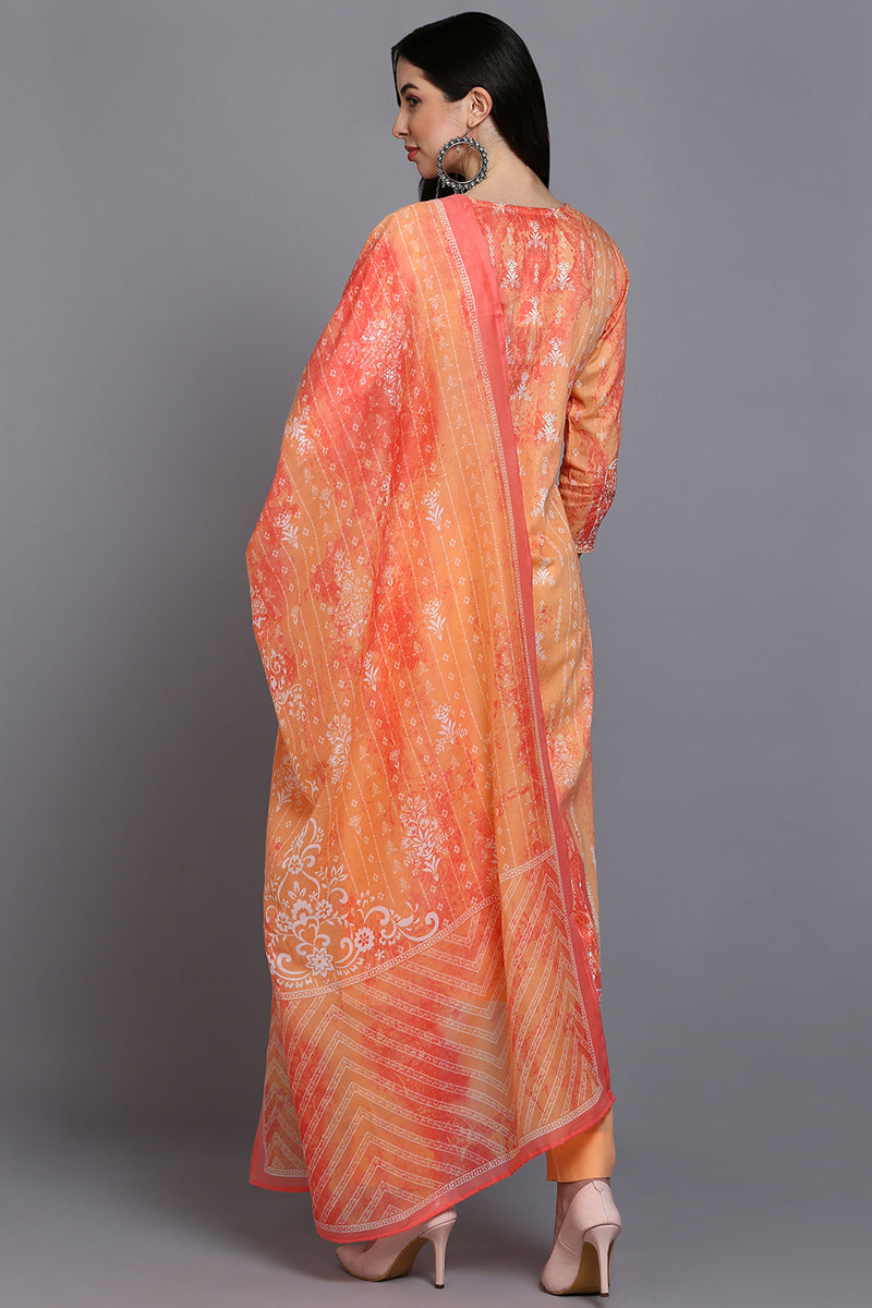 Cotton Orange Printed Straight Kurta Pant With Dupatta VKSKD1917