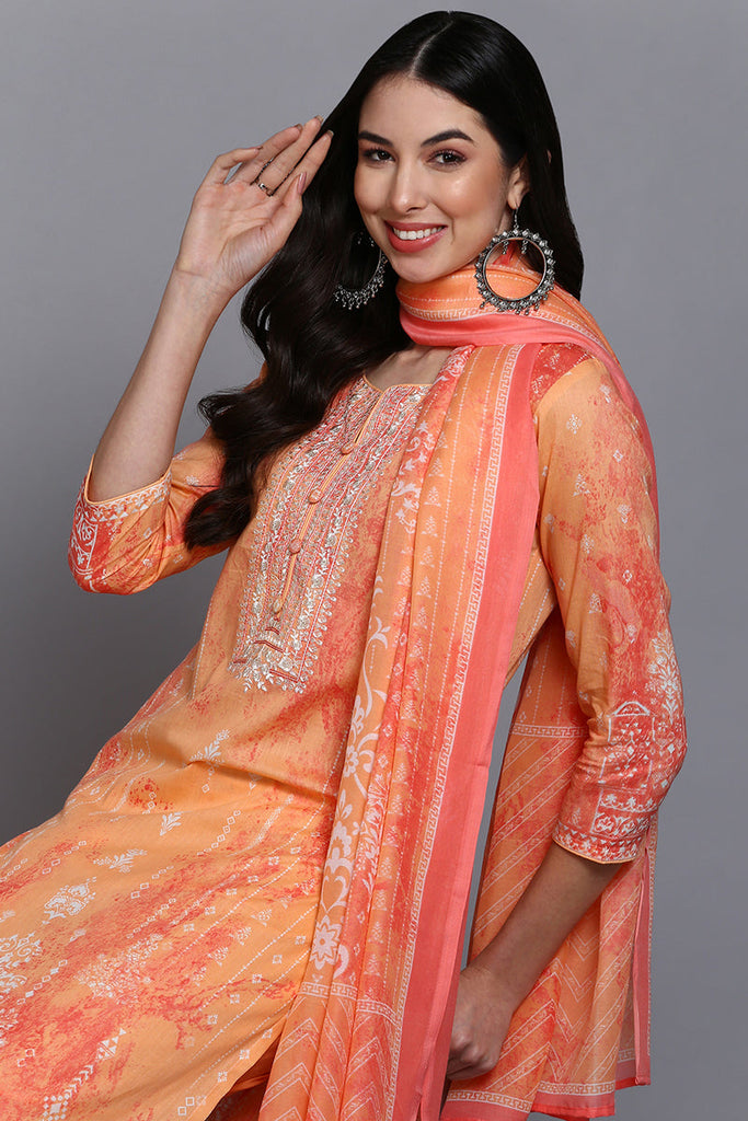 Cotton Orange Printed Straight Kurta Pant With Dupatta VKSKD1917