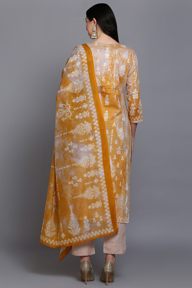 Cotton Taupe Printed Straight Kurta Pant With Dupatta VKSKD1920