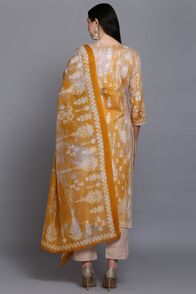 Cotton Taupe Printed Straight Kurta Pant With Dupatta VKSKD1920