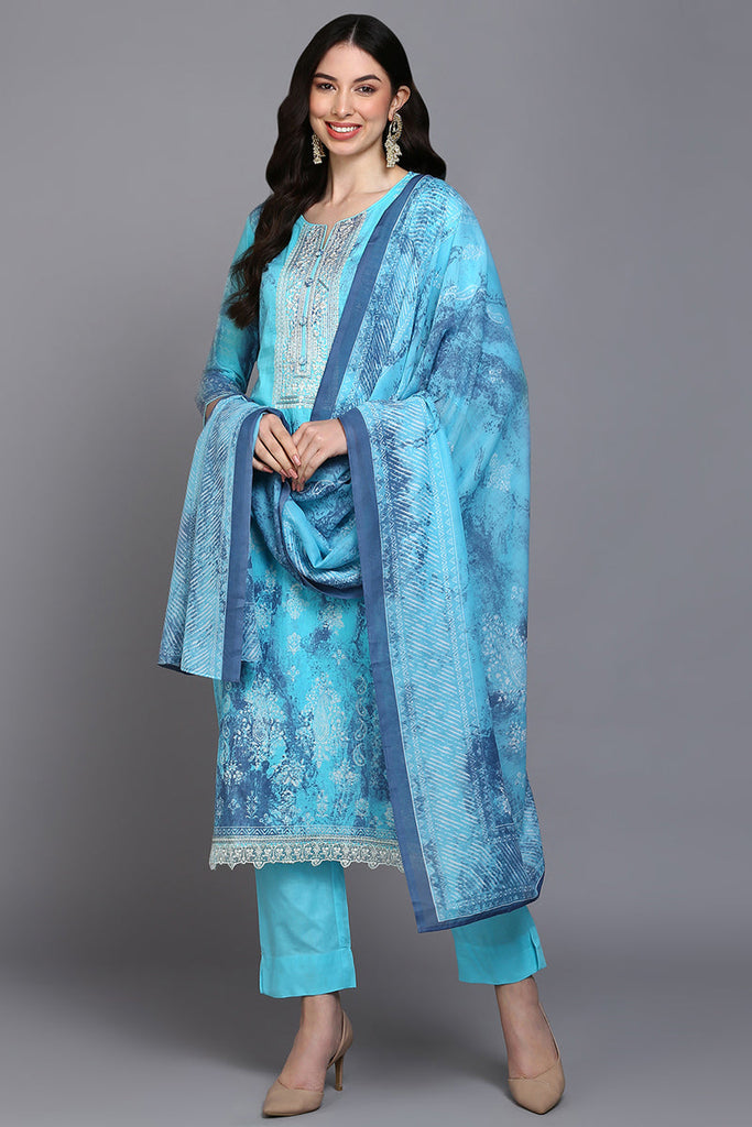 Cotton Blue Printed Straight Kurta Pant With Dupatta VKSKD1923