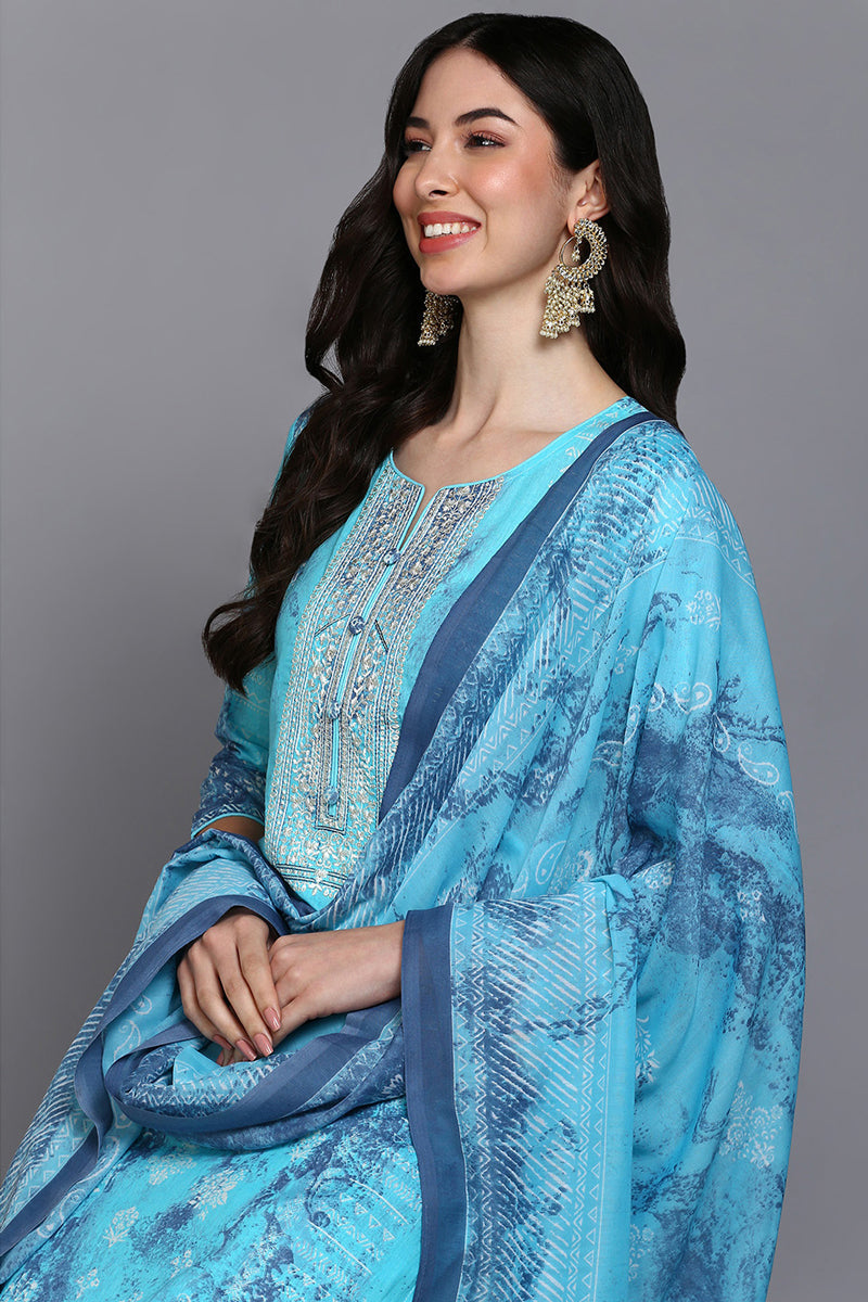 Cotton Blue Printed Straight Kurta Pant With Dupatta VKSKD1923