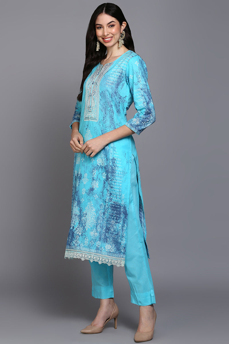 Cotton Blue Printed Straight Kurta Pant With Dupatta VKSKD1923