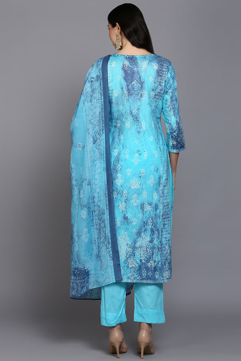 Cotton Blue Printed Straight Kurta Pant With Dupatta VKSKD1923