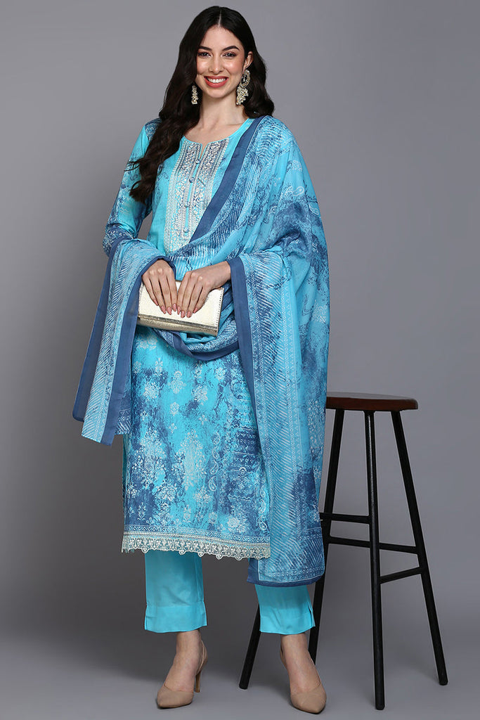 Cotton Blue Printed Straight Kurta Pant With Dupatta VKSKD1923