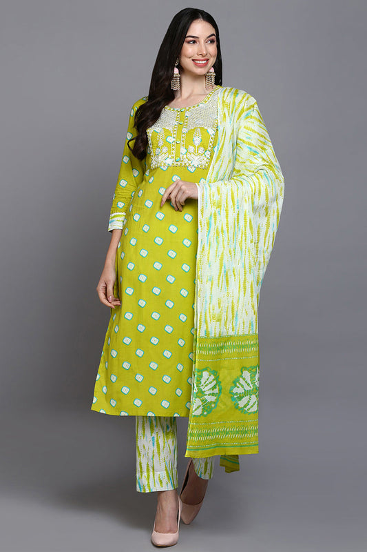 Cotton Green Bandhani Printed Straight Kurta Pant With Dupatta VKSKD1924