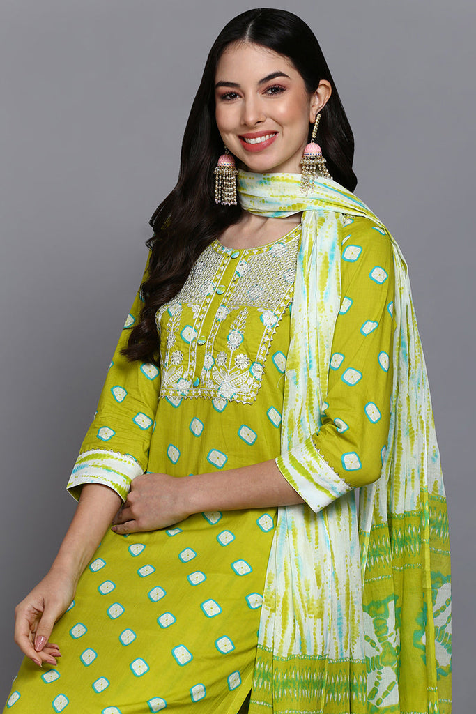 Cotton Green Bandhani Printed Straight Kurta Pant With Dupatta VKSKD1924