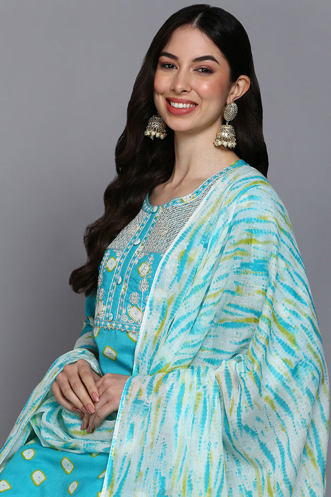 Cotton Blue Bandhani Printed Straight Kurta Pant With Dupatta VKSKD1925