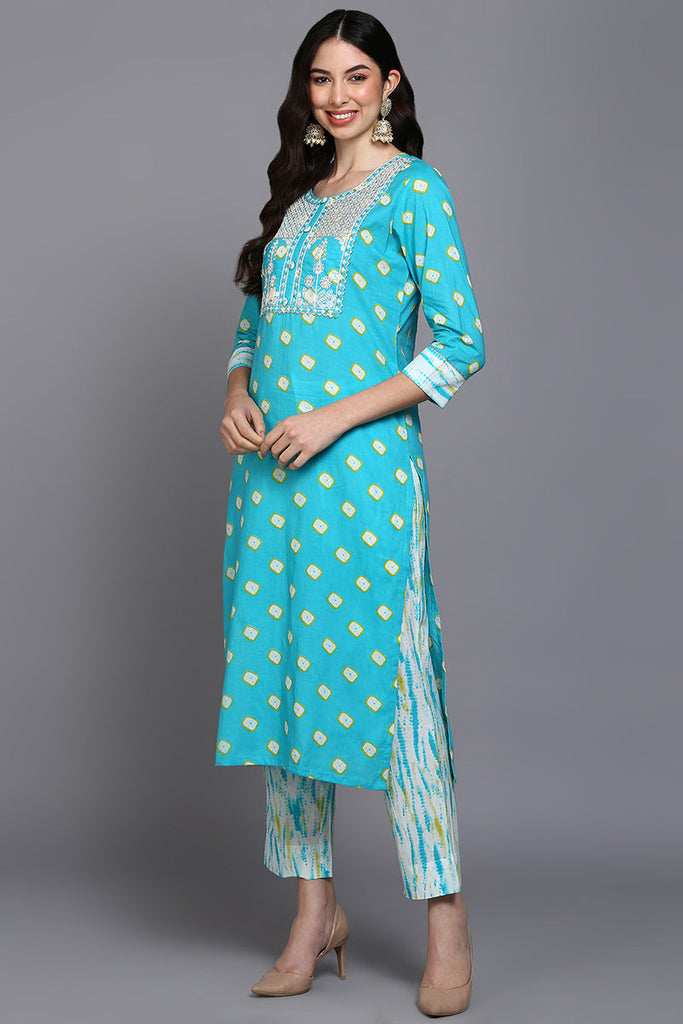 Cotton Blue Bandhani Printed Straight Kurta Pant With Dupatta VKSKD1925