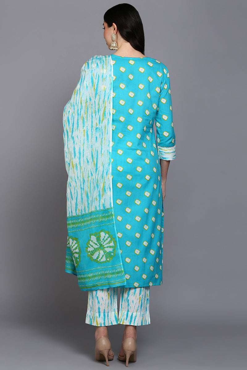 Cotton Blue Bandhani Printed Straight Kurta Pant With Dupatta VKSKD1925