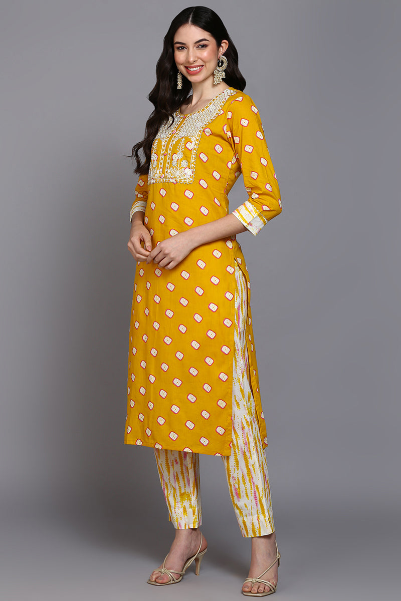 Cotton Yellow Bandhani Printed Straight Kurta Pant With Dupatta VKSKD1926