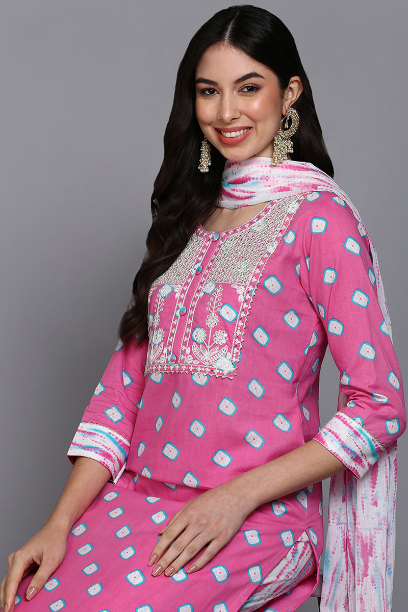 Cotton Pink Bandhani Printed Straight Kurta Pant With Dupatta VKSKD1927