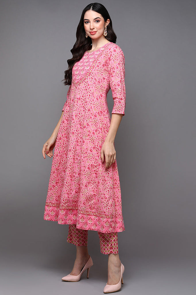 Pink Pure Cotton Floral Anarkali Suit Set VKSKD1930