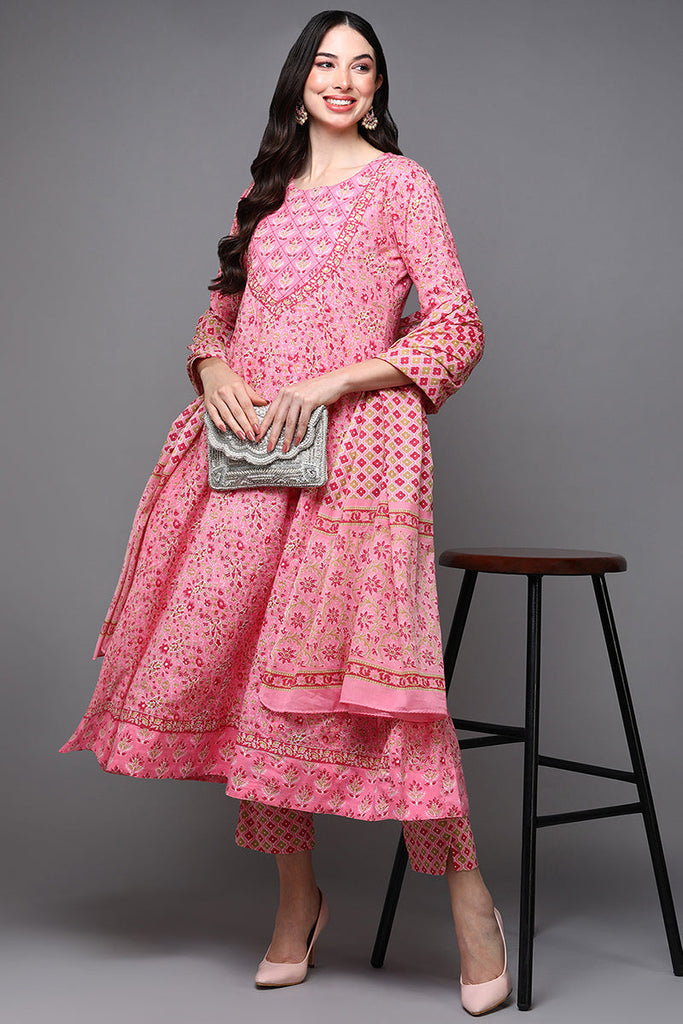 Pink Pure Cotton Floral Anarkali Suit Set VKSKD1930