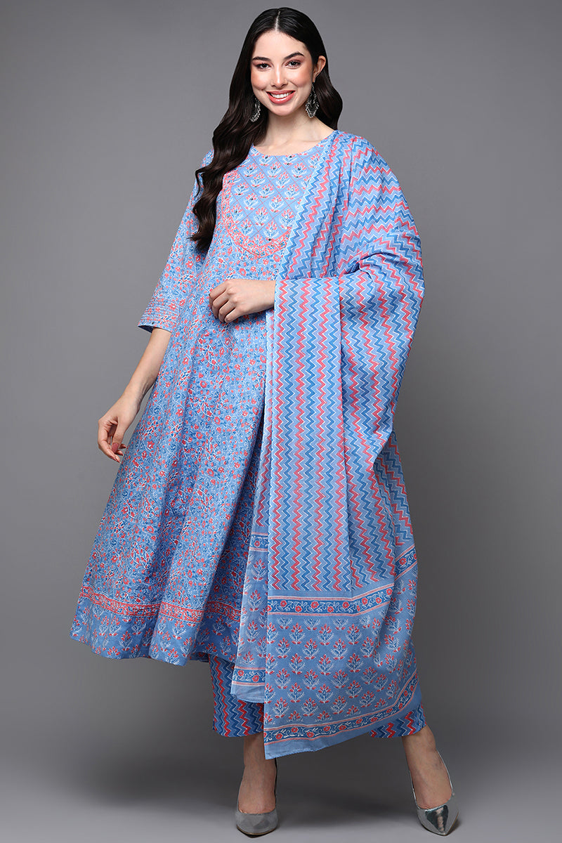 Blue Pure Cotton Ethnic Motifs Anarkali Suit Set VKSKD1931