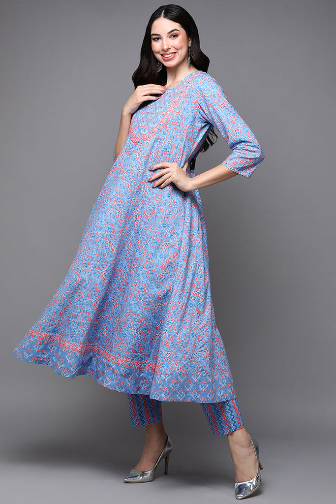 Blue Pure Cotton Ethnic Motifs Anarkali Suit Set VKSKD1931