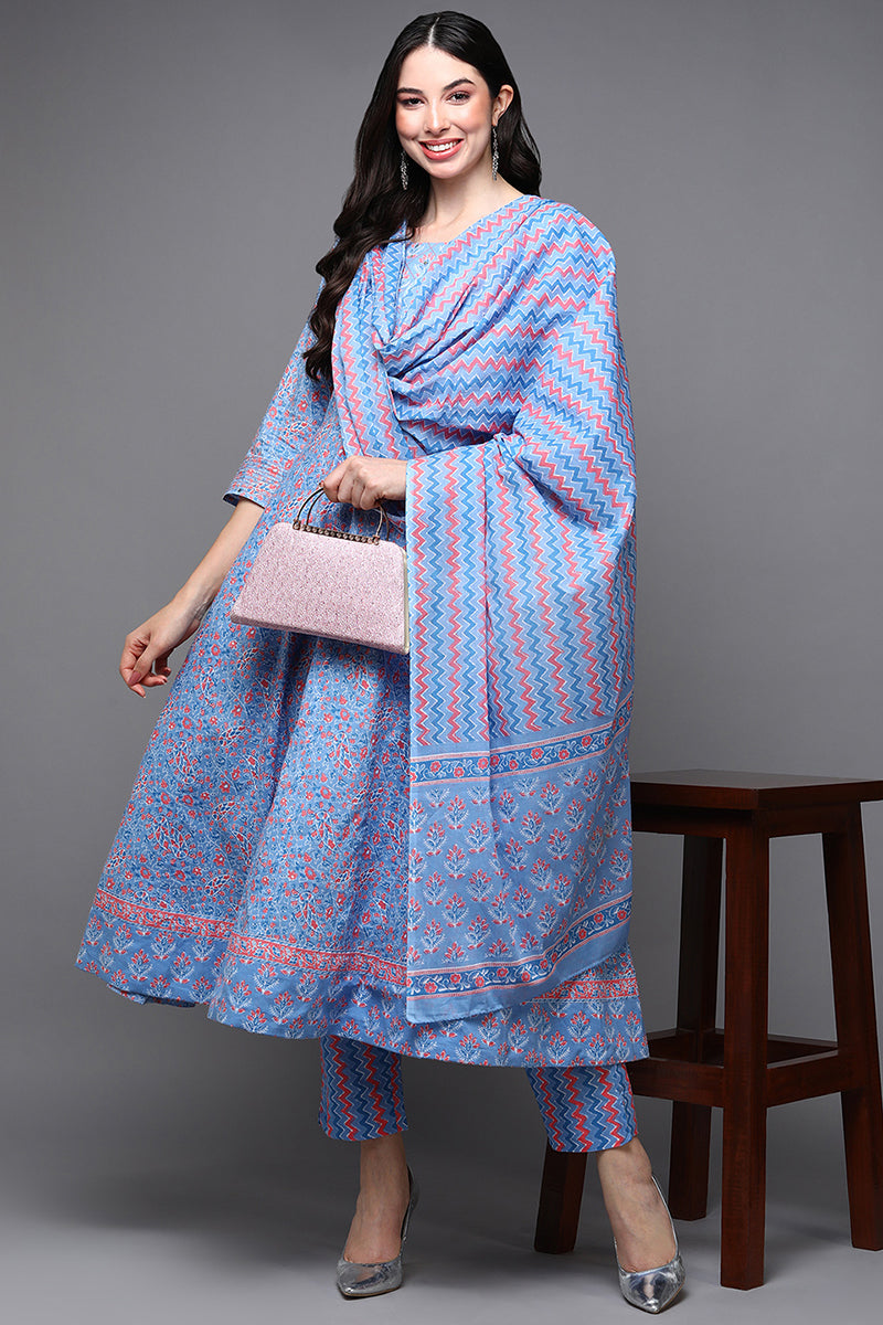 Blue Pure Cotton Ethnic Motifs Anarkali Suit Set VKSKD1931