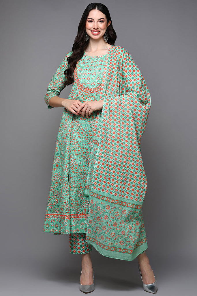 Green Pure Cotton Ethnic Motifs Anarkali Suit Set VKSKD1932