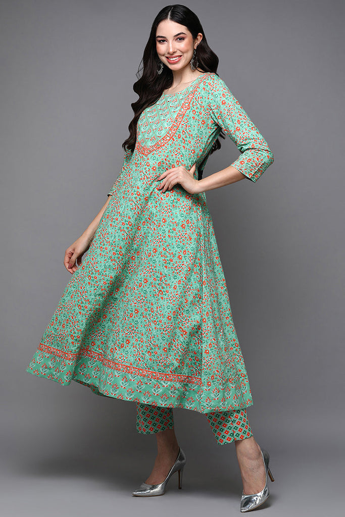 Green Pure Cotton Ethnic Motifs Anarkali Suit Set VKSKD1932