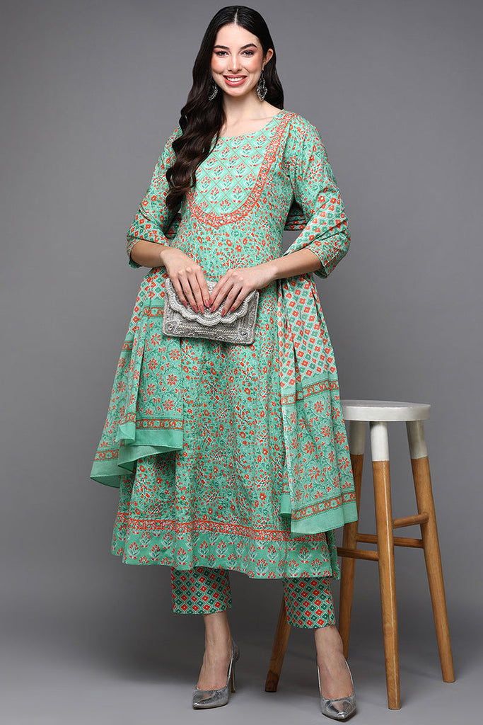 Green Pure Cotton Ethnic Motifs Anarkali Suit Set VKSKD1932