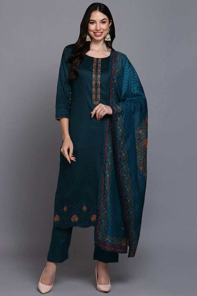 Cotton Green Embroidered Straight Kurta Pant With Dupatta VKSKD1933