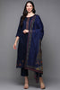 Navy Blue Pure Cotton Floral Straight Suit Set VKSKD1934