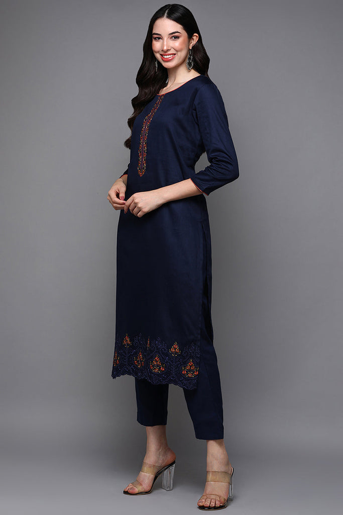 Navy Blue Pure Cotton Floral Straight Suit Set VKSKD1934