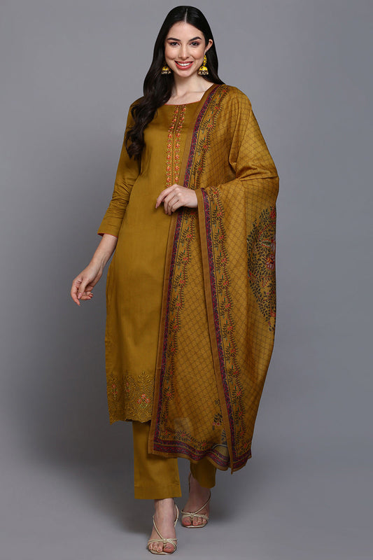 Cotton Olive Embroidered Straight Kurta Pant With Dupatta VKSKD1937