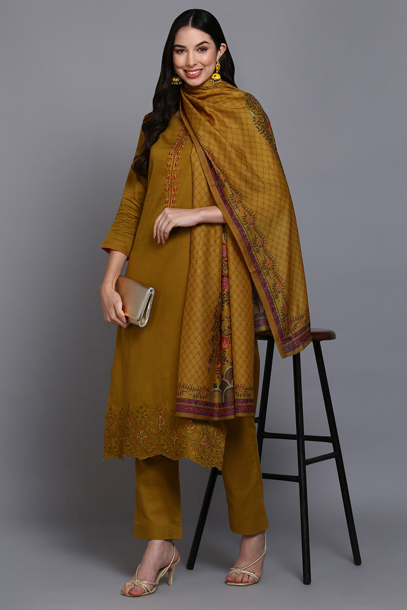 Cotton Olive Embroidered Straight Kurta Pant With Dupatta VKSKD1937