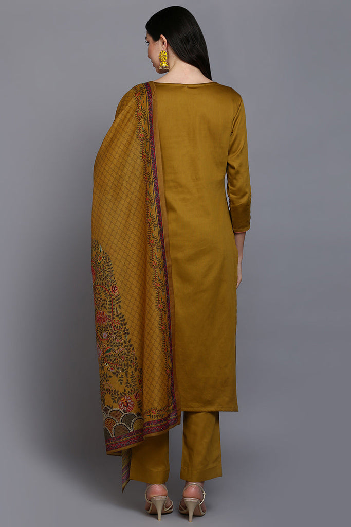 Cotton Olive Embroidered Straight Kurta Pant With Dupatta VKSKD1937