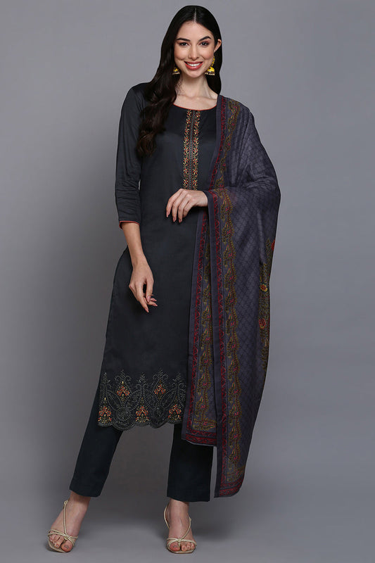 Cotton Grey Embroidered Straight Kurta Pant With Dupatta VKSKD1940